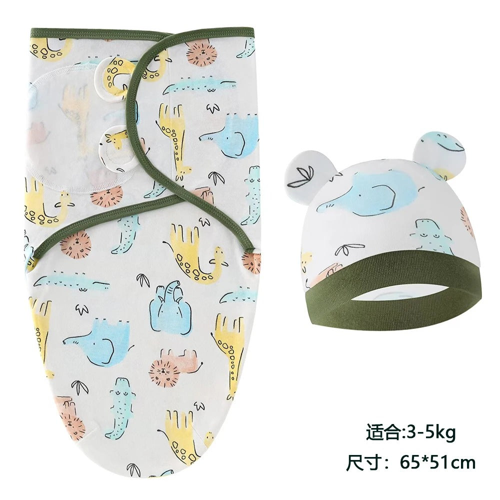 Baby Blanket & Hat Set – Cartoon Printed Cotton Newborn Swaddle, Adjustable Infant Sleeping Wrap for All Seasons (0-6 Months)