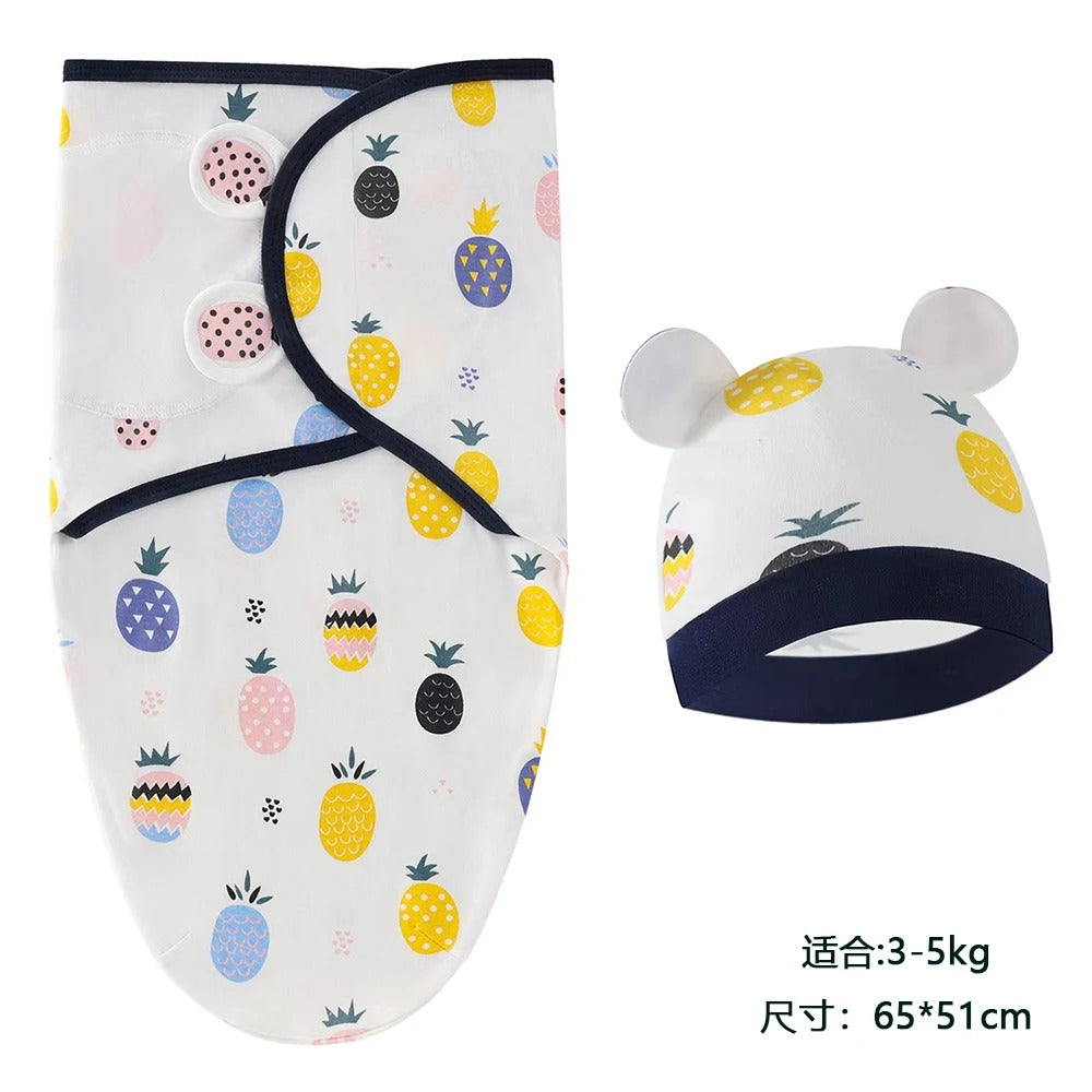 Baby Blanket & Hat Set – Cartoon Printed Cotton Newborn Swaddle, Adjustable Infant Sleeping Wrap for All Seasons (0-6 Months)