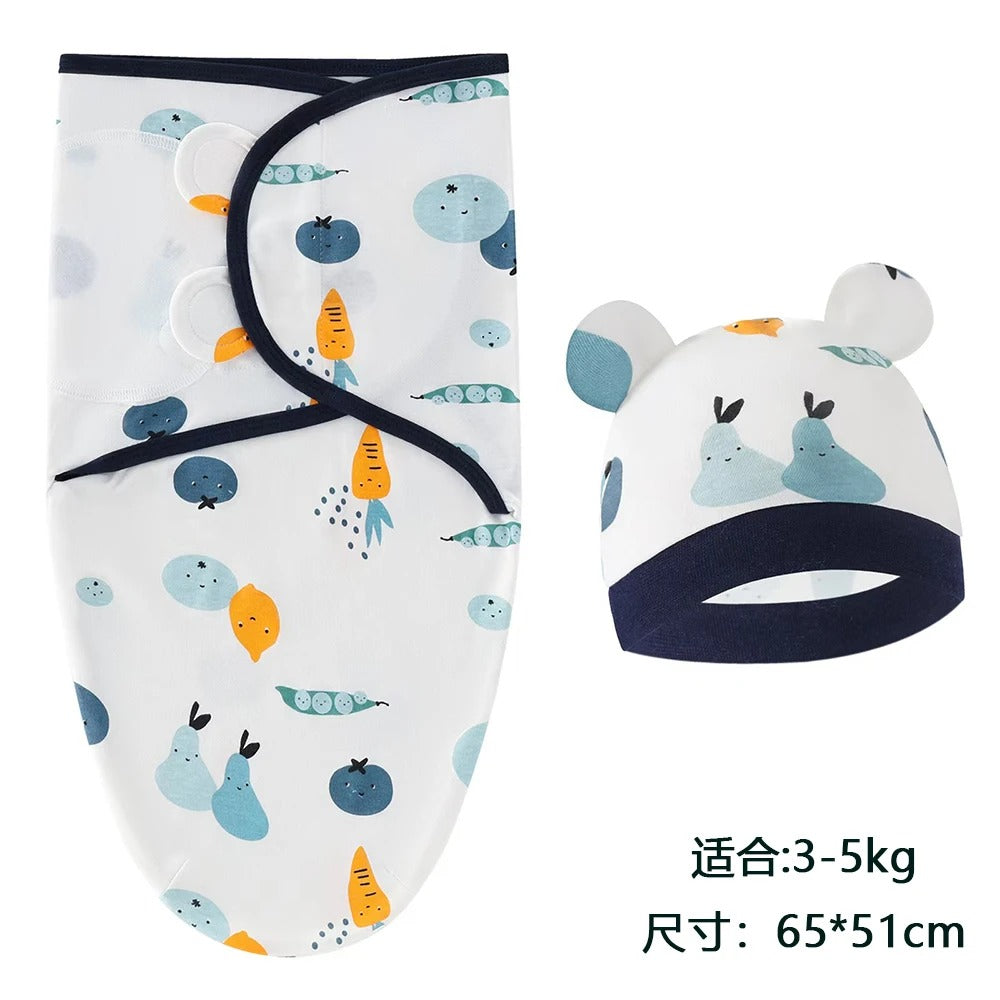 Baby Blanket & Hat Set – Cartoon Printed Cotton Newborn Swaddle, Adjustable Infant Sleeping Wrap for All Seasons (0-6 Months)