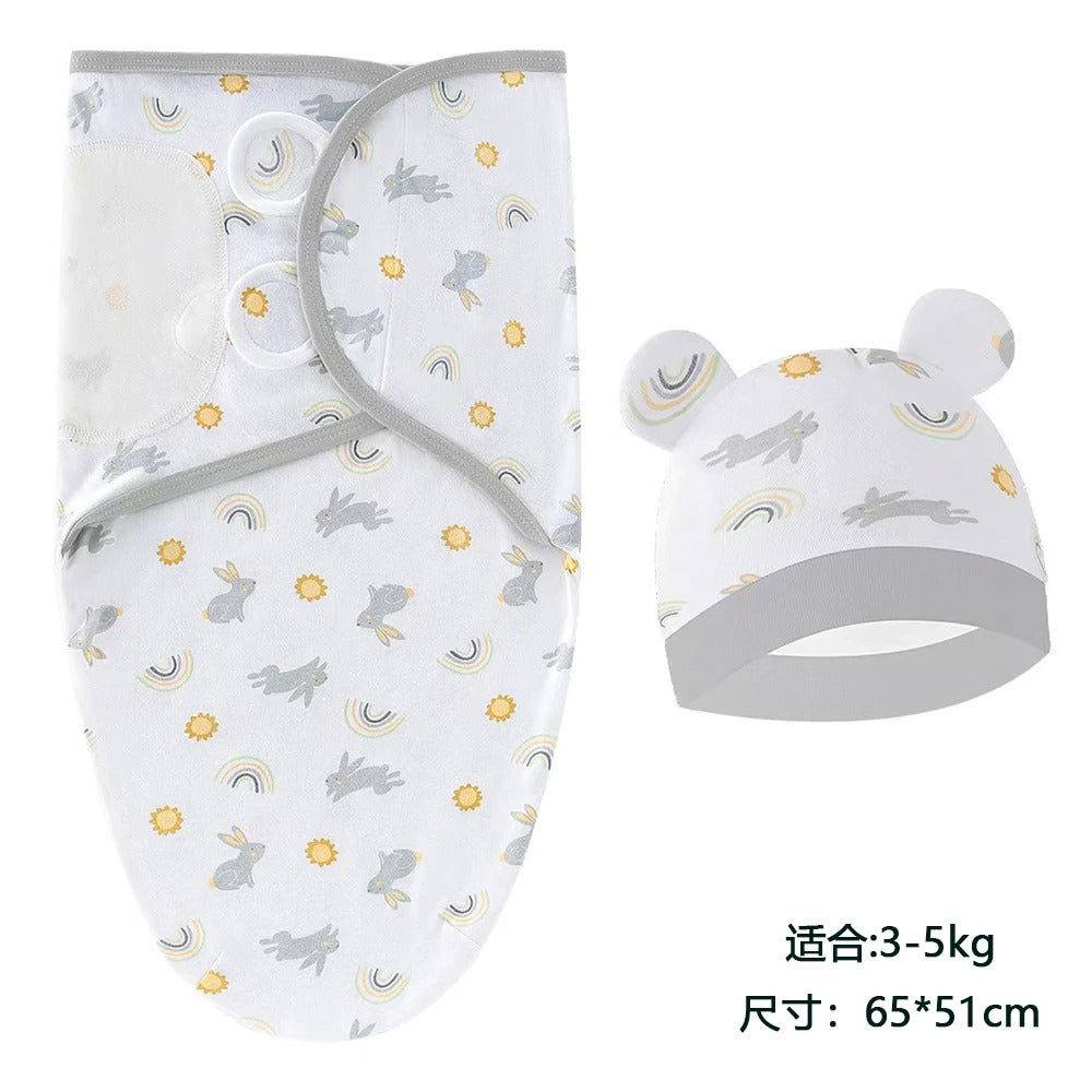 Baby Blanket & Hat Set – Cartoon Printed Cotton Newborn Swaddle, Adjustable Infant Sleeping Wrap for All Seasons (0-6 Months)