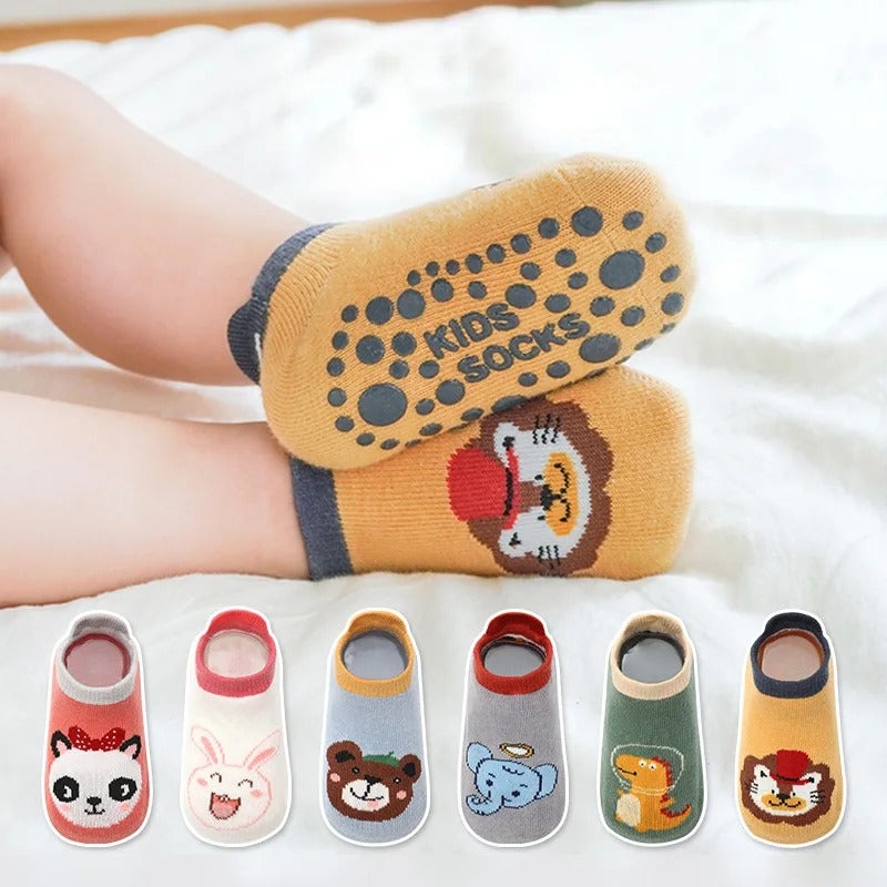 6 Pairs of Baby Cotton Socks – Cute Cartoon Animal Design, Comfy, Breathable, and Non-Slip Baby Floor Socks