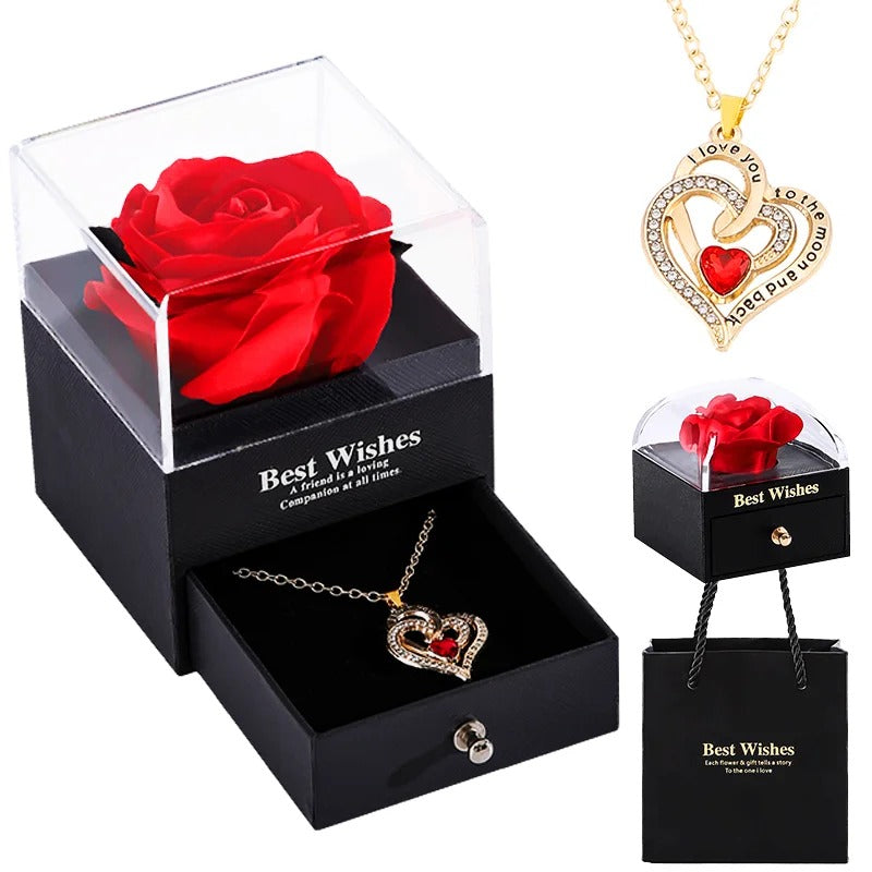 Luxury Love Heart Zircon Necklace With Rose Flower Gift Box For Valentines Day