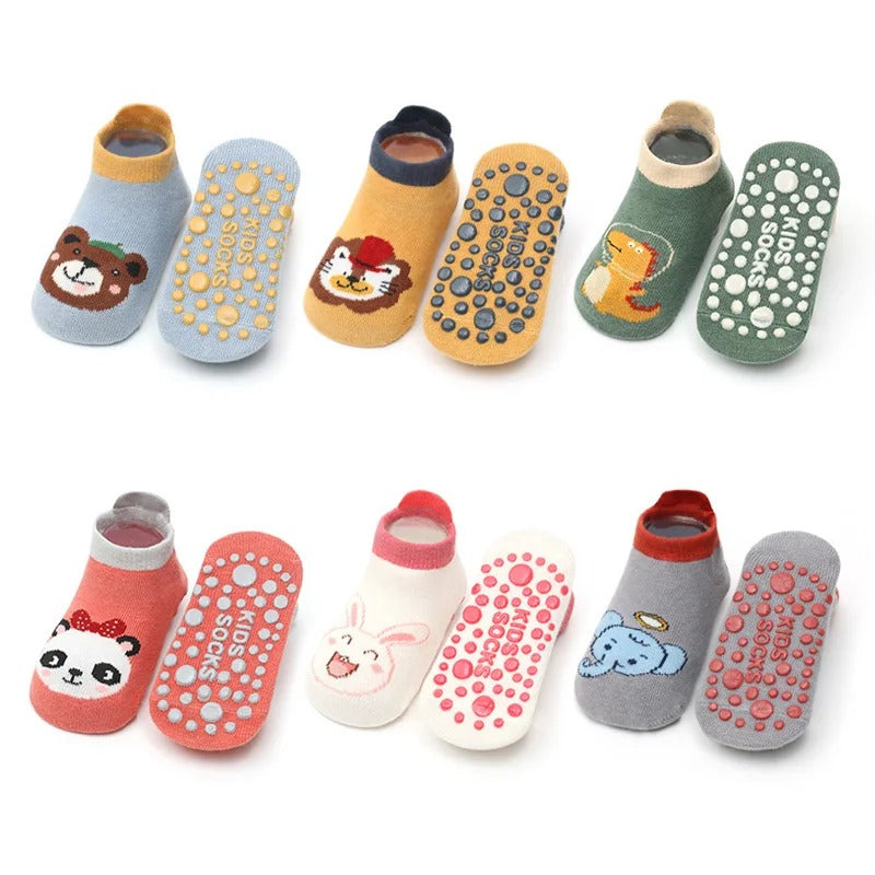 6 Pairs of Baby Cotton Socks – Cute Cartoon Animal Design, Comfy, Breathable, and Non-Slip Baby Floor Socks