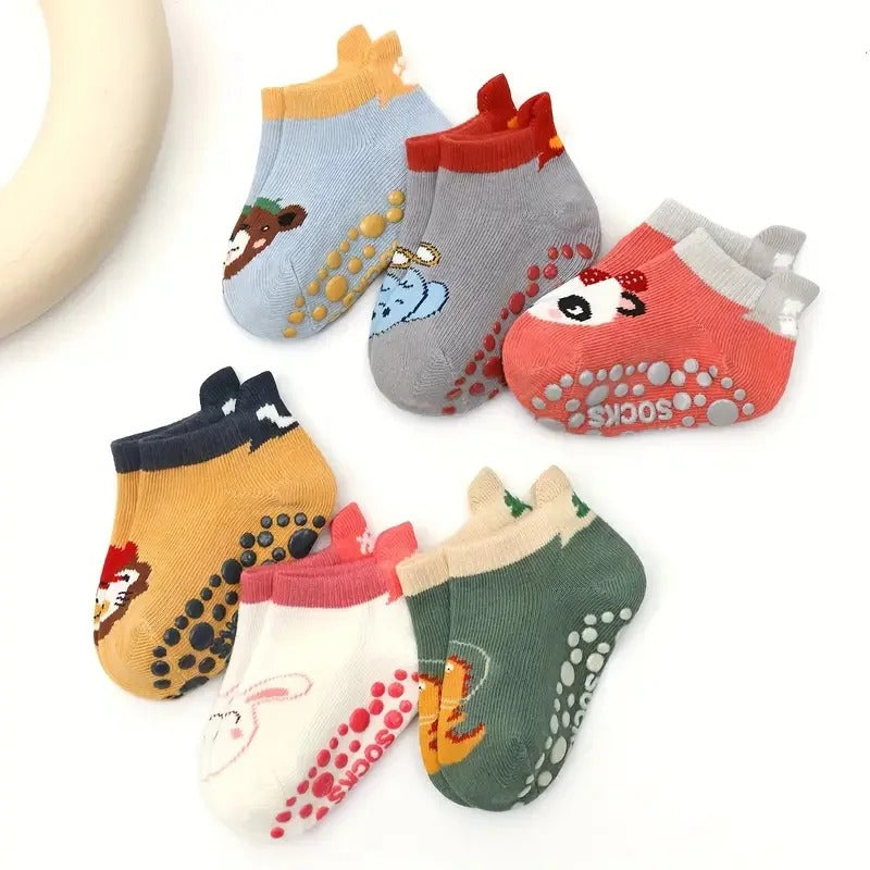 6 Pairs of Baby Cotton Socks – Cute Cartoon Animal Design, Comfy, Breathable, and Non-Slip Baby Floor Socks