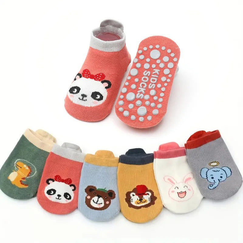 6 Pairs of Baby Cotton Socks – Cute Cartoon Animal Design, Comfy, Breathable, and Non-Slip Baby Floor Socks