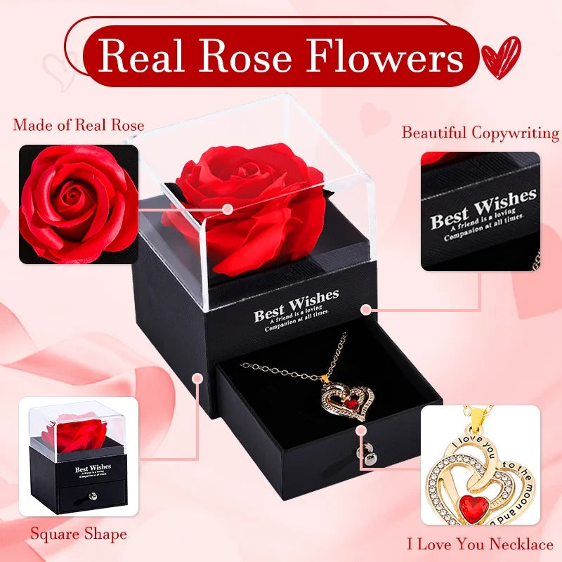 Luxury Love Heart Zircon Necklace With Rose Flower Gift Box For Valentines Day