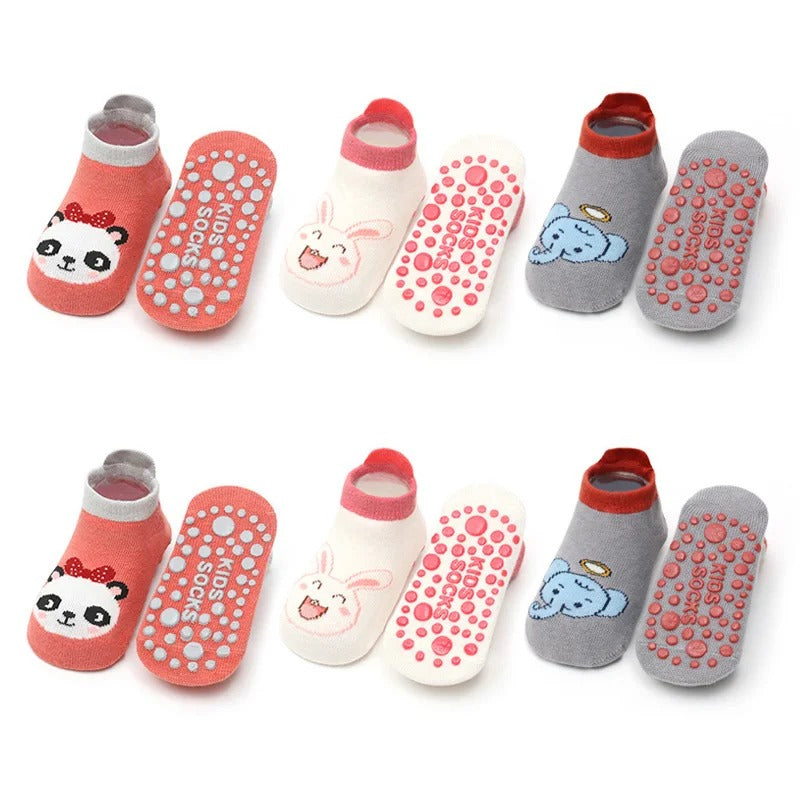 6 Pairs of Baby Cotton Socks – Cute Cartoon Animal Design, Comfy, Breathable, and Non-Slip Baby Floor Socks