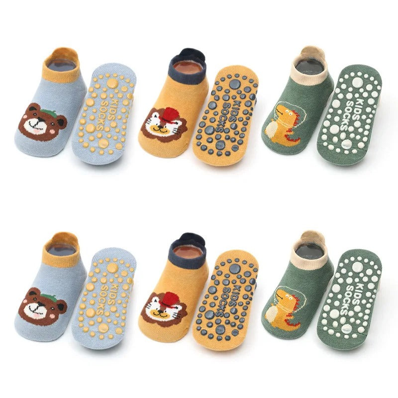 6 Pairs of Baby Cotton Socks – Cute Cartoon Animal Design, Comfy, Breathable, and Non-Slip Baby Floor Socks