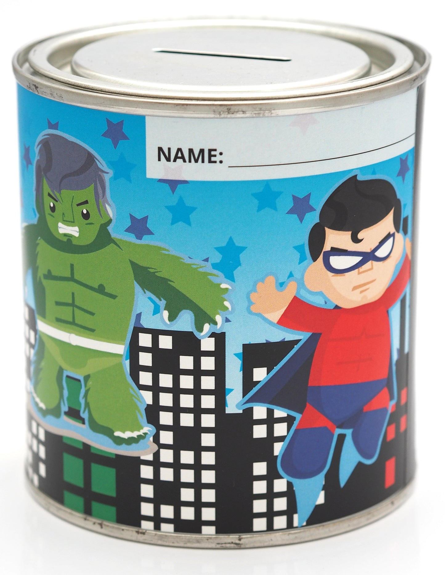 Super Hero Money Box Tin with Reusable Lid