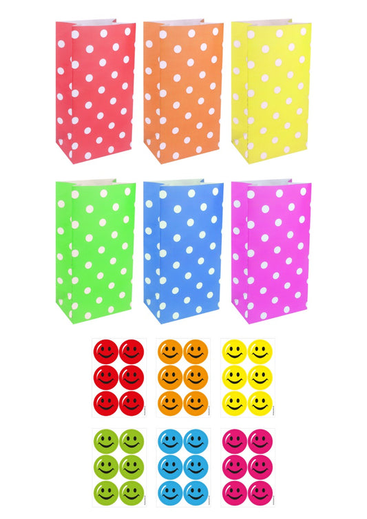 12 Polka Dot Paper Party Bags with Smile Face Stickers 6 Different Colours Kids
